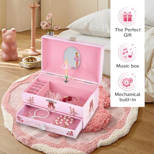 Ballerina Musical Jewelry Box with Drawer for Kids Girls