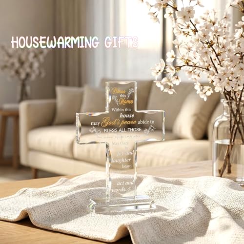 Engraved Glass Cross Housewarming Gift with Blessing Words, Home Decor
