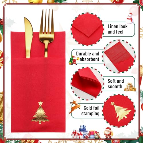 Ctosree 50 Pcs Christmas Napkins with Built-in Flatware Pocket - Red Gold Christmas Tree Theme