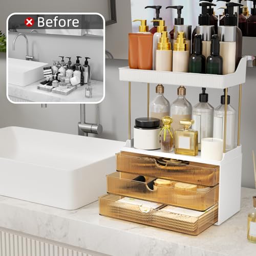 5-Tier Acrylic Makeup Organizer with 3 Drawers, Gold Frame Vanity Storage