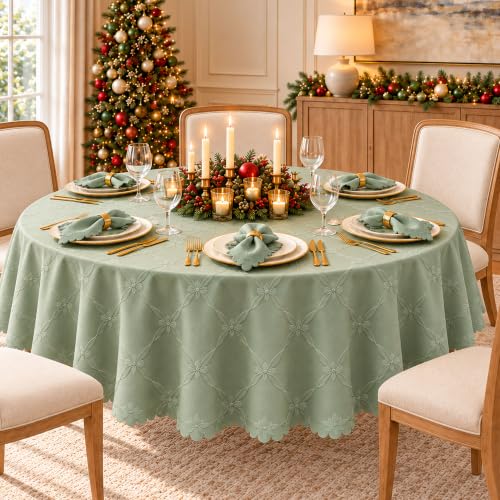 Newbridge 70" Round Sage Green Ribbons & Bows Damask Tablecloth