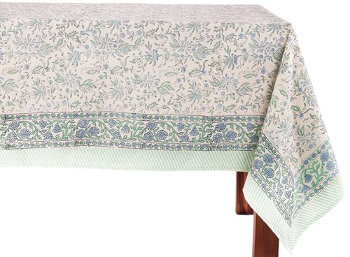 Aster Blue 60 x 108 Inch 100% Cotton Boho Tablecloth - Handblock Floral Home Decor