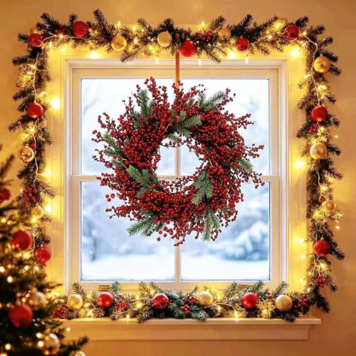 Trfdhm 22in Red Berry Cedar Christmas Wreath - Red2 Front Door Farmhouse Decor