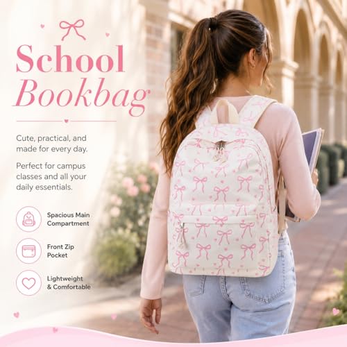 LOIDOU School Backpack for Girls Bow Tie Beige Laptop Bookbag