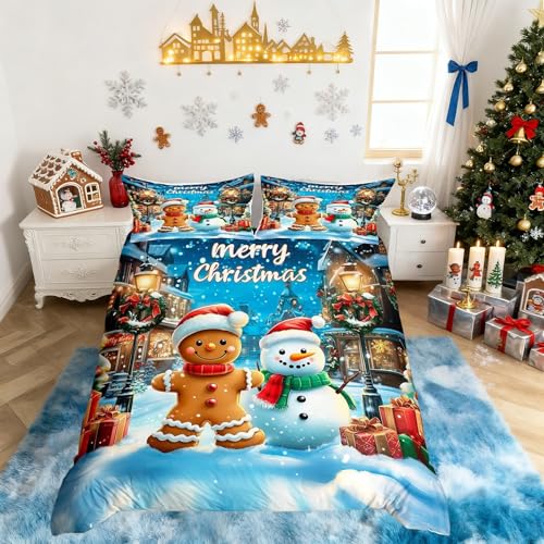 Manfei Gingerbread Man Duvet Cover Set Full Blue Brown, 80x90, 2 Pillowcases - Christmas Snowman Winter Theme
