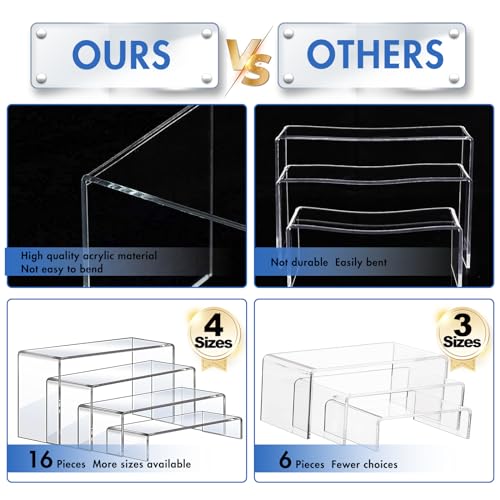Clear Acrylic Risers Display Stands - 16 Piece Set in 4 Sizes