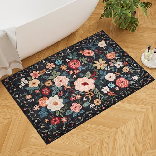 2x3 Floral Washable Indoor Door Mat - Non-Slip Low Pile Entryway Rug