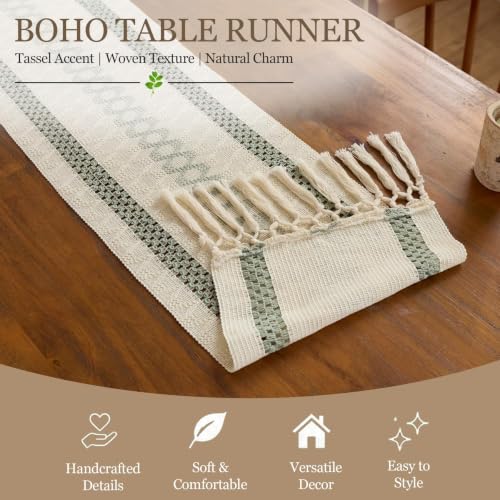 Green Boho Macrame Table Runner 12x36 Inch with Tassels - Farmhouse Decor