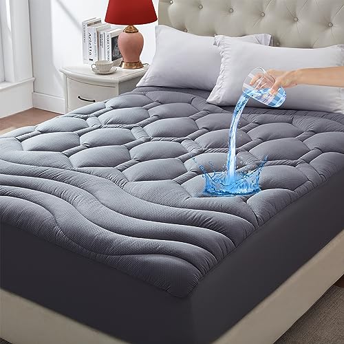 Elven Home Waterproof King Mattress Pad - Deep Pocket Quilted Cover (Grey)