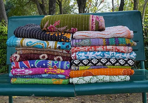 Kantha Quilted Cotton Blanket - Vintage Reversible Bedspread, 85x55 Inches