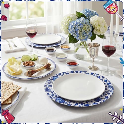 Yungyan 6 Pack 13in Blue & White Christmas Porcelain-Style Plastic Charger Plates (Passover Embroidery / Blue) - Non-Disposable