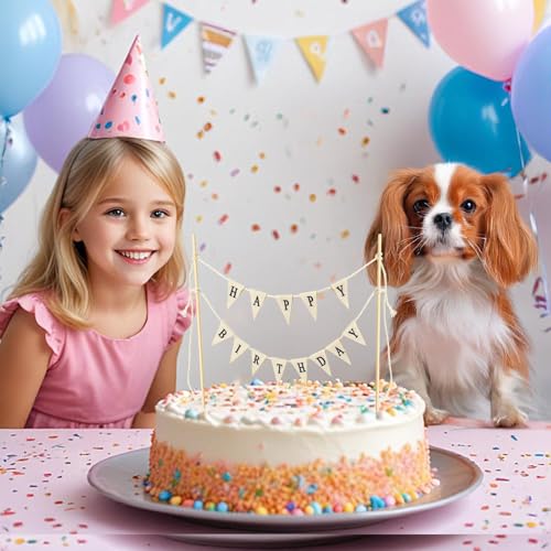 Happy Birthday Cake Topper Bunting Banner with Wooden Poles, Beige
