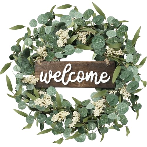 20-Inch Artificial Eucalyptus Wreath with Welcome Sign for Front Door