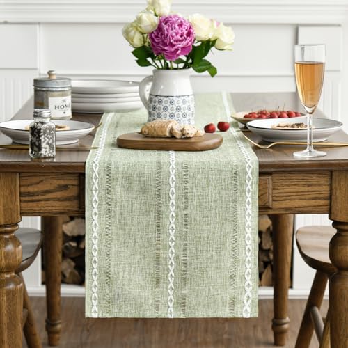 Sage Green Cotton Linen Table Runner - Embroidered Hollow 13x72 Inch