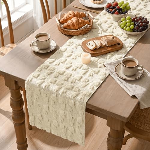 13x60 Inch Beige Faux Fur Jacquard Bows Table Runner - Valentine's Home Decor
