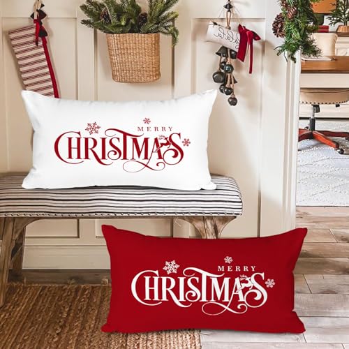 Lanpn 12x24 Xmas Pillow Covers Set of 2 Red & White Merry Christmas Snowflake - Front Print, Back Plain