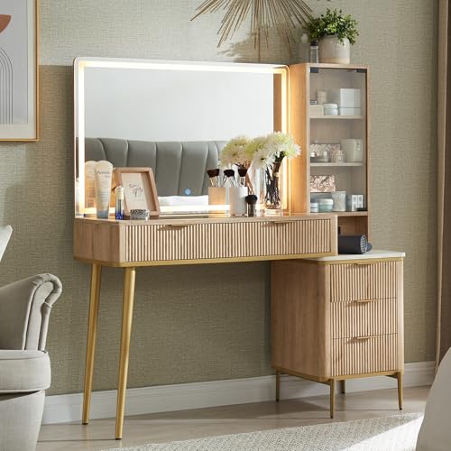 Fluted Makeup Vanity Desk with 36" Lighted Mirror and 5 Drawers, Oak