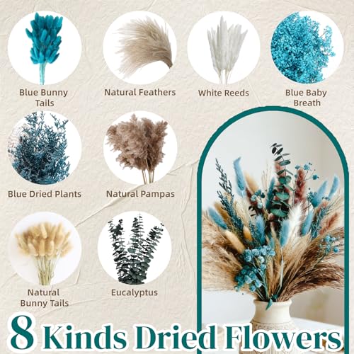 17-Inch Turquoise Dried Pampas Grass Bouquet - 60-Stem Boho Vase Filler