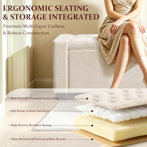 Tufted Linen Storage Bench Ottoman - Beige Upholstered Bedroom Seating