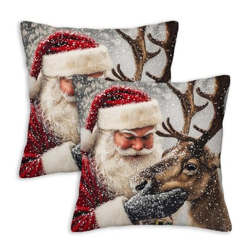 Santa Throw Pillow Covers Set of 2 | 18x18 Inches Cushion Cases for Couch, Sofa, Bedroom and Living Room | Christmas Pillowcases for Home Decoration