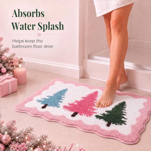 Dunzy Pastel Christmas Tree Bath Rug Non-Slip Microfiber 31.5x19.7in Holiday Decor
