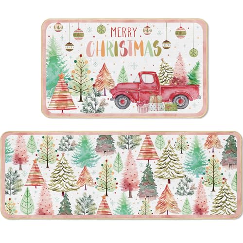 Boho Christmas Kitchen Rugs 2-Piece Set - Forest Trees 17x29 & 17x47 Inches, Colorful Boho Holiday mats