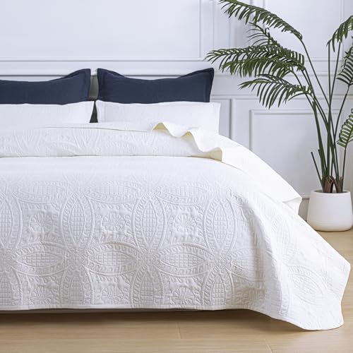 SheRest Queen Quilt Bedding Set - 3-Piece Lightweight White Coverlet