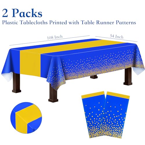 2 Packs Blue and Gold Disposable Rectangle Tablecloths 54x108in - Ammbeetty