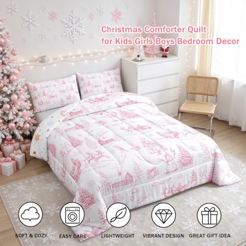 Castle Fairy Pink White Sketch Full Size Christmas Comforter Set with 2 Pillowcases, 79x90