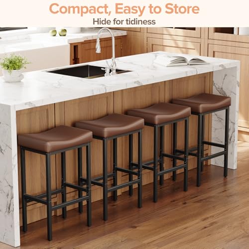 24-Inch Counter Height Bar Stools Set of 2, Faux Leather Saddle Stools