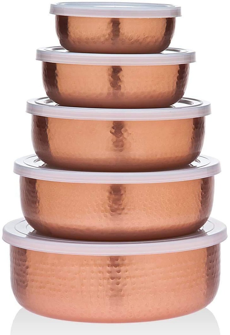 Godinger 5 Piece Hammered Copper Plated Stackable Storage Bowl Set with airtight Lids