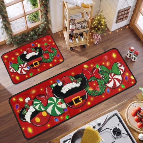 Faptoena Red Xmas Kitchen Rugs Set of 2 Non-Slip Washable Floor Mats - Holiday Decor