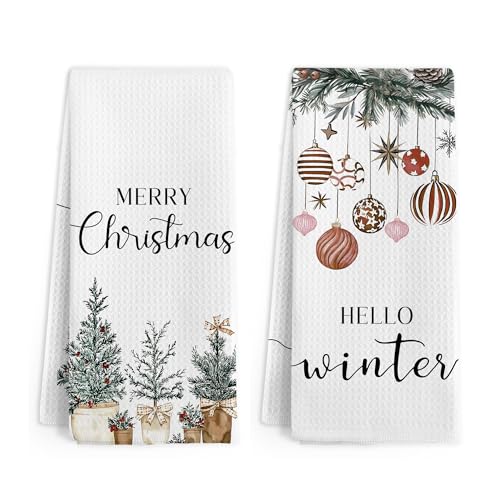 Gnmduw Hello Winter Christmas Kitchen & Hand Towels Set of 2, 16x24 Inches