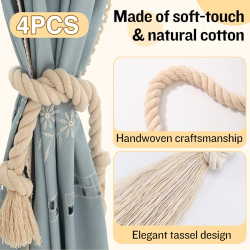 4 Pcs Hand-Woven Cotton Curtain Tiebacks, Boho Farmhouse Drapery Rope 39"