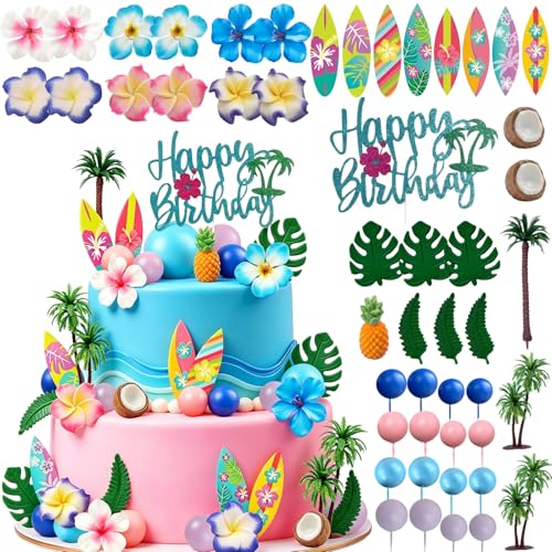 49-Piece Hawaiian Cake Topper Set, Summer Beach Party Cake Decorations