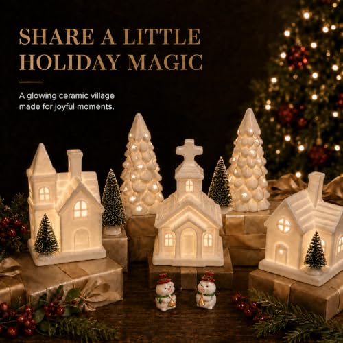 JesMolla 11-Piece White Ceramic Christmas Village Set with 6-Hour Timer, Battery-Operated Houses & Trees