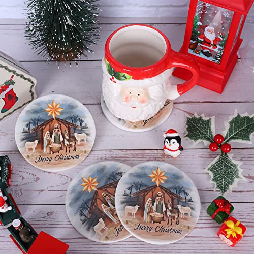 Christmas Ceramic Coasters Set of 4 with Nativity Scene & Merry Christmas Design