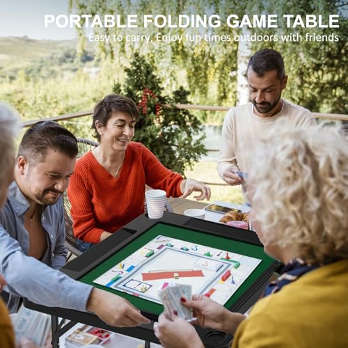 35.4-Inch Folding Mahjong Table with Green Felt, Cup Holders & Chip Trays