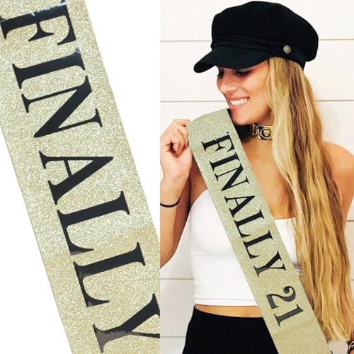 Finally 21 Birthday Sash - Glitter Fabric with Black Foil Lettering