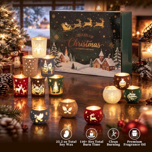 Everloria Christmas Hollow Pattern Candle Countdown Set - 12 Scented Soy Candles with Festive Designs