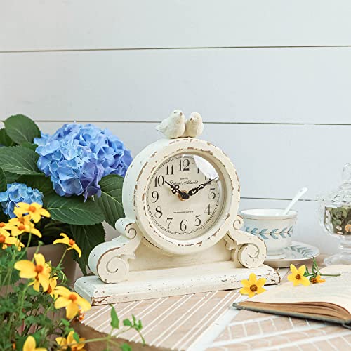 Vintage Bird Mantel Clock - Shabby Chic Distressed White Wooden Desk Clock