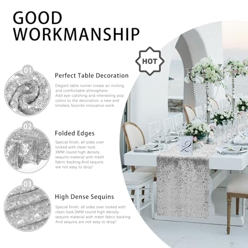 VHH 10 Pack Silver Sequin Table Runner 12 x 72 Inches - 10pcs