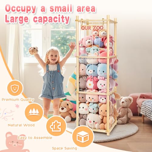 Tall Natural Pine Wood Stuffed Animal Storage Organizer with Elastic Cords
