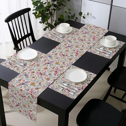 Ambesonne 4 Placements + 1 Runner Set 16x72in Red Cream - Mexican Nature Pattern