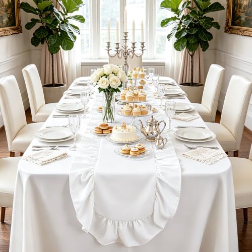 MoKoHouse 14x118 Inch White Ruffled Table Runner Set - 3 Pieces, Farmhouse Decor