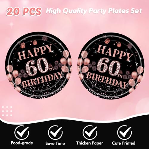 Black Gold 60th Birthday Party Plates and Napkins Set for Women - Vintage Rose Gold Celebration Tableware, 41 Pieces for 20 Guests