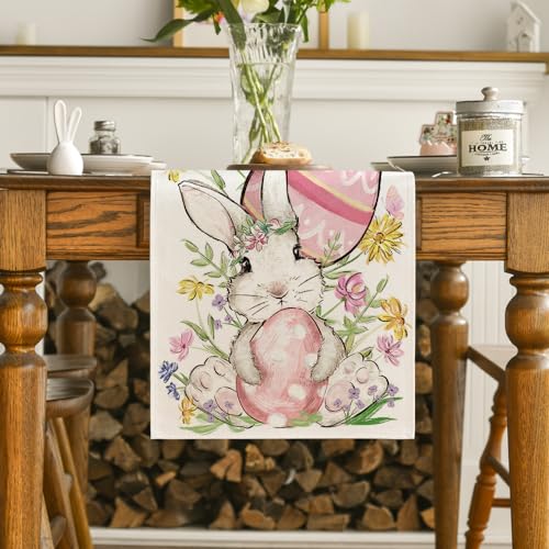 Artoid Mode Bunny Rabbit Egg Flower Easter Table Runner 13x72 Inch Beige Seasonal Spring Home Decor