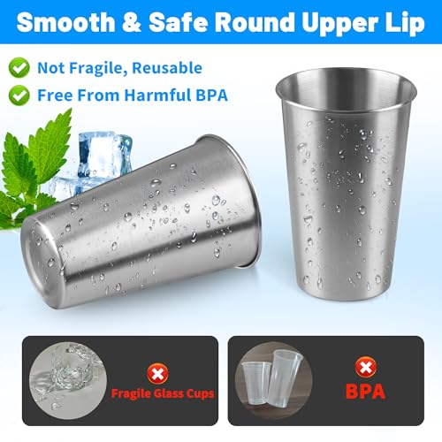 16 oz Stainless Steel Pint Cups - Reusable Shatterproof Tumbler Set (4-Pack)