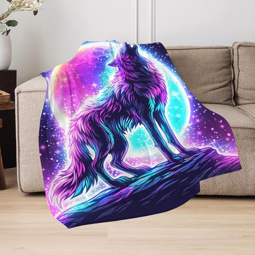 GNEW Galaxy Wolf Moon Blanket 80x60 Inches, Soft Plush Space Wolf Starry Sky Kids Gift