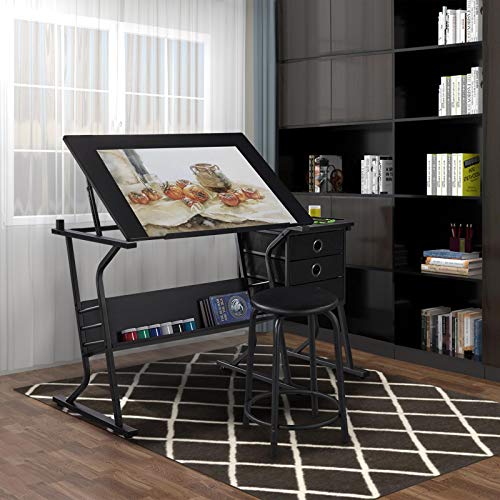 Height Adjustable Drafting Table with Stool and Storage Drawers